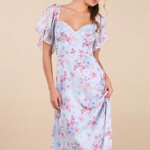 Valla Light Blue Floral Flutter Sleeve Midi Dress